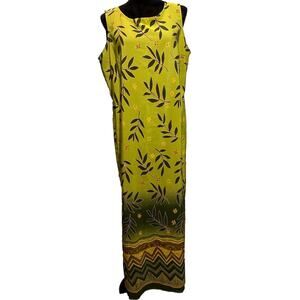 Vintage Maxi Dress Tropical Green Leaves Aztec Sleeveless Size Large Resort Wear